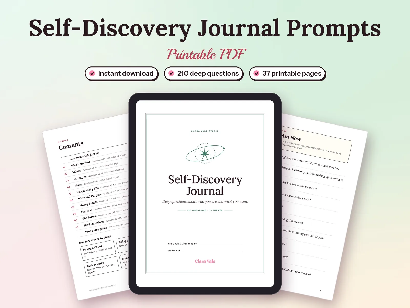Self-Discovery Journal Prompts & Deep Questions: printed pages and a tablet