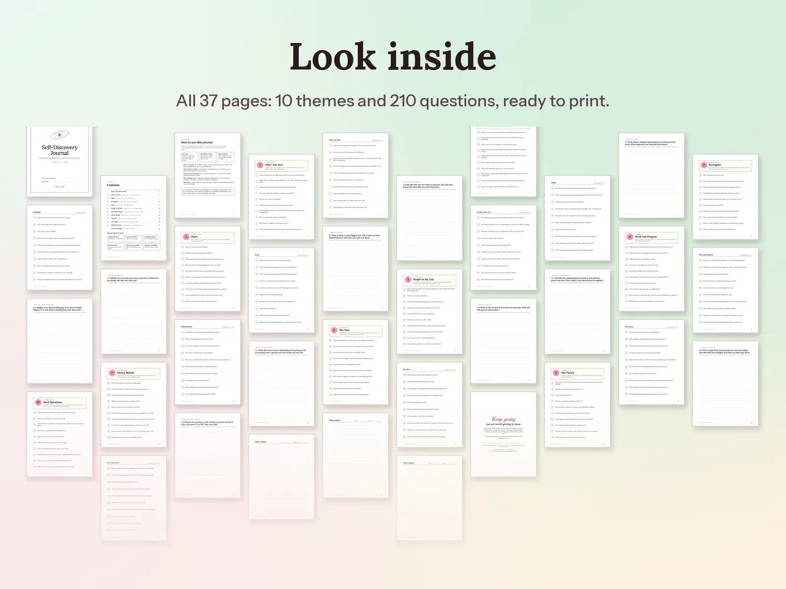 Self-Discovery Journal Prompts & Deep Questions: All 37 pages: 10 themes and 210 questions, ready to print
