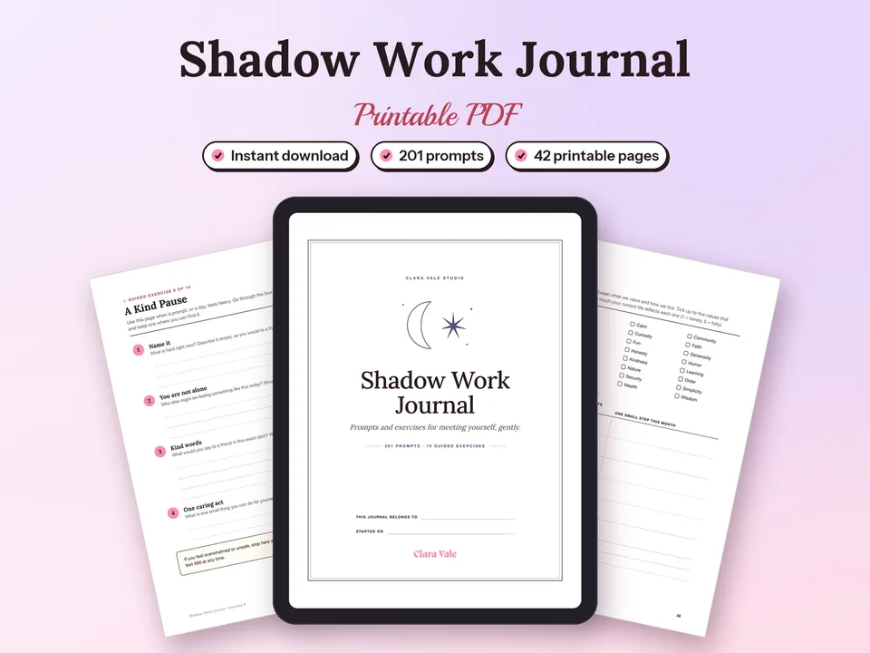 Shadow Work Journal Prompts & Exercises: printed pages and a tablet