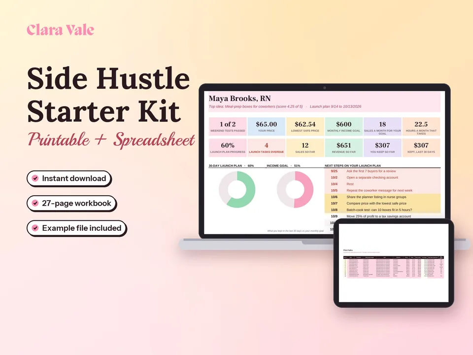 Side Hustle Planner & Business Idea Workbook: shown on a laptop and a tablet