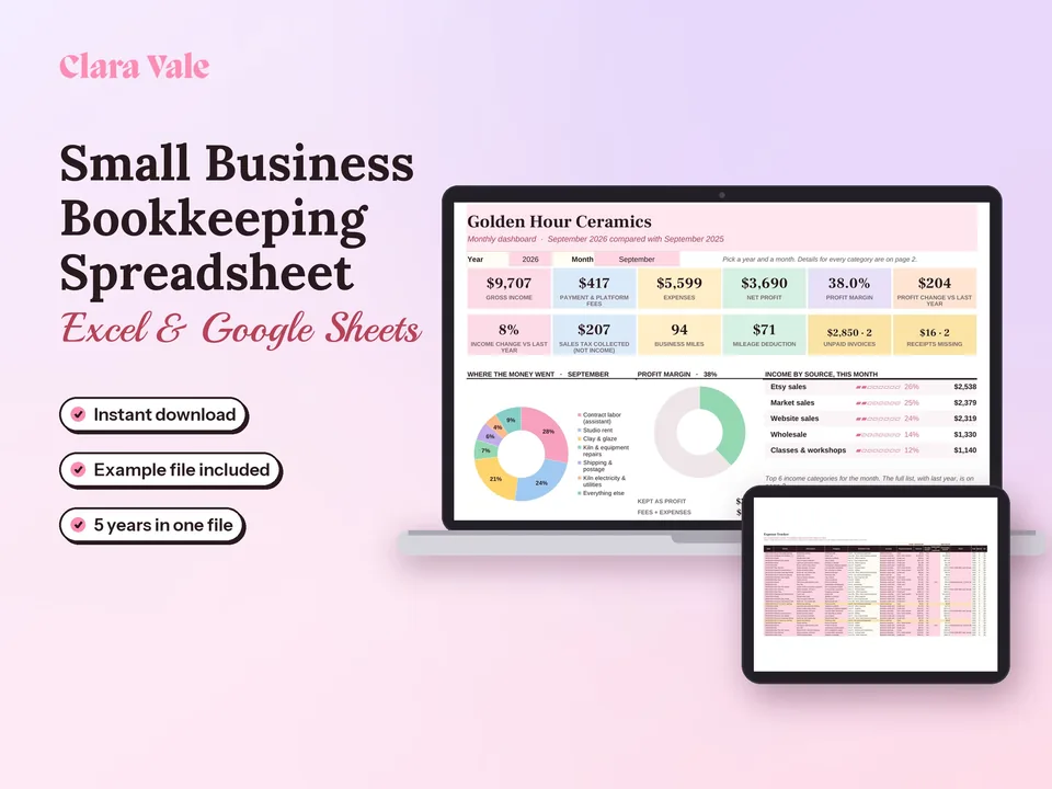 Bookkeeping Spreadsheet & Profit and Loss Tracker: shown on a laptop and a tablet