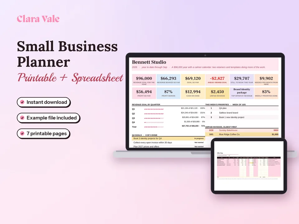 Small Business Planner & Goal Tracker: shown on a laptop and a tablet