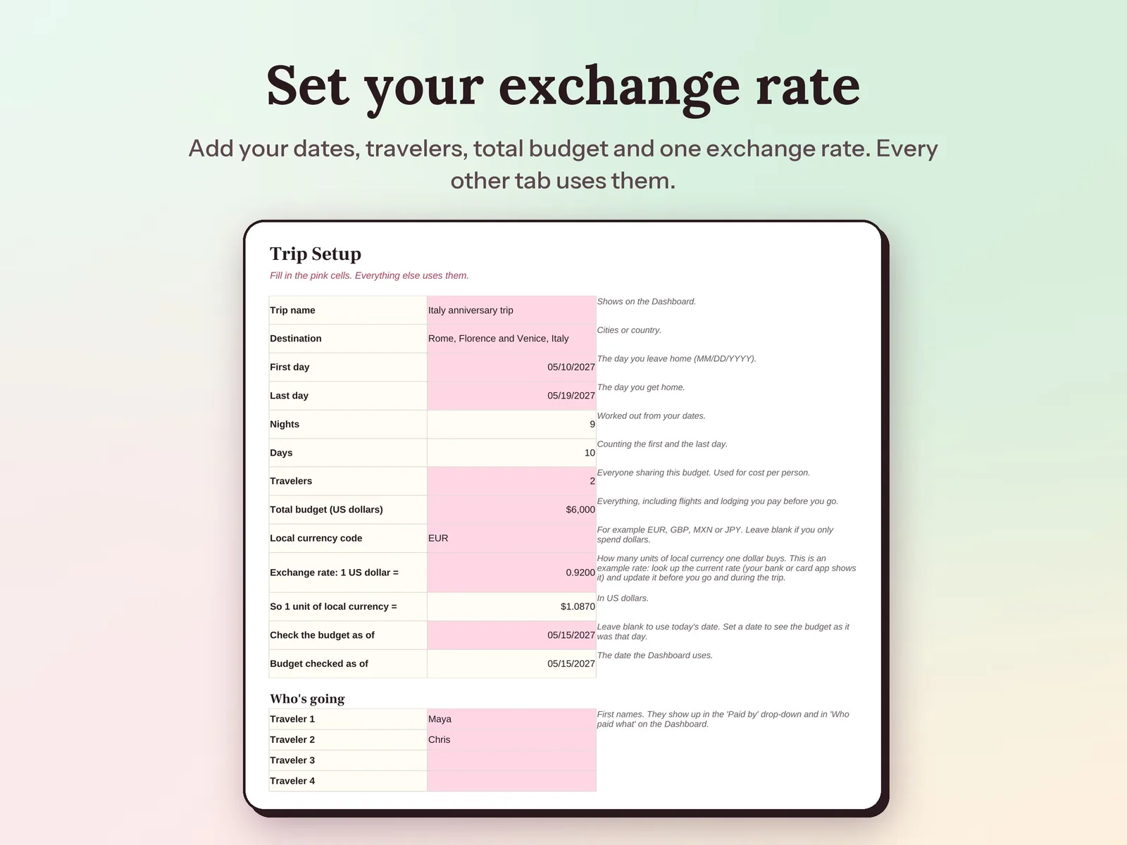Travel Budget Planner & Trip Expense Tracker: Set your exchange rate