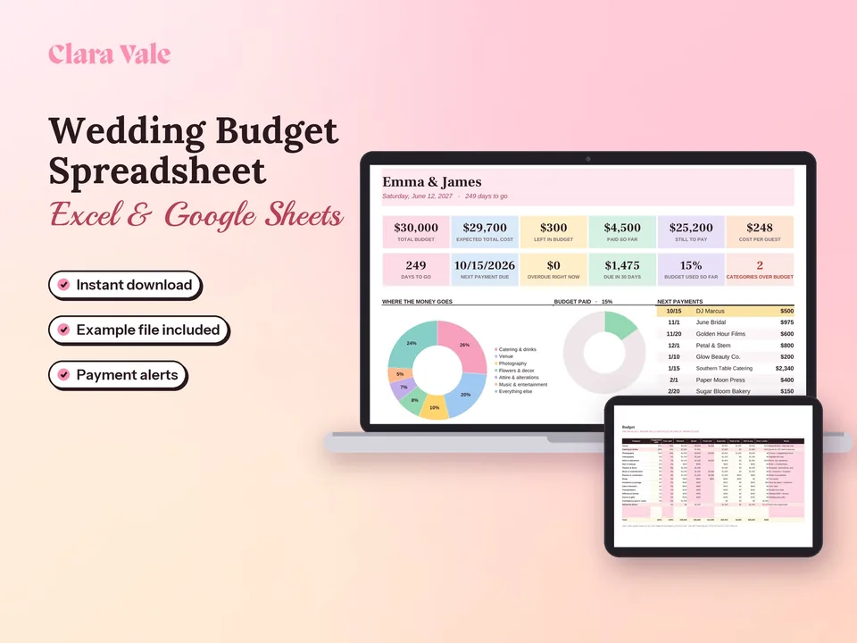 Wedding Budget Spreadsheet & Payment Tracker: shown on a laptop and a tablet