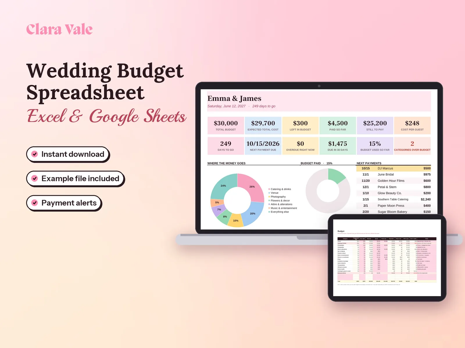Wedding Budget Spreadsheet & Payment Tracker: shown on a laptop and a tablet