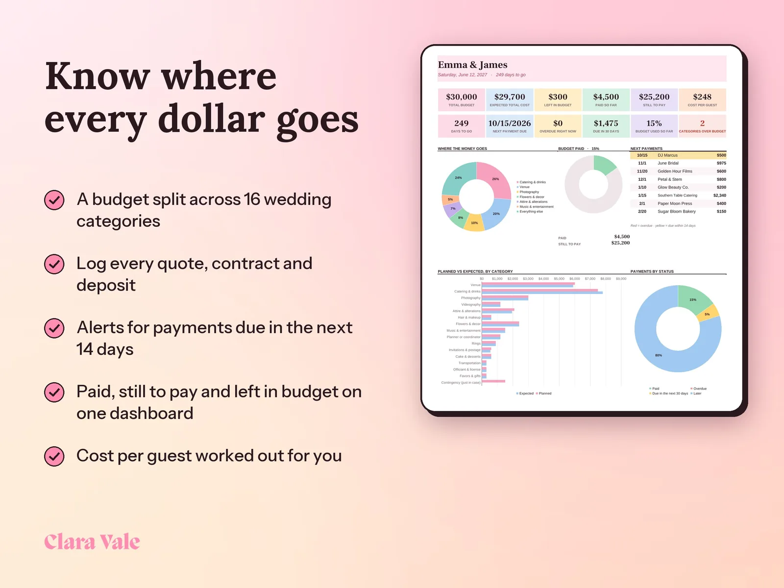 Wedding Budget Spreadsheet & Payment Tracker: Know where every dollar goes