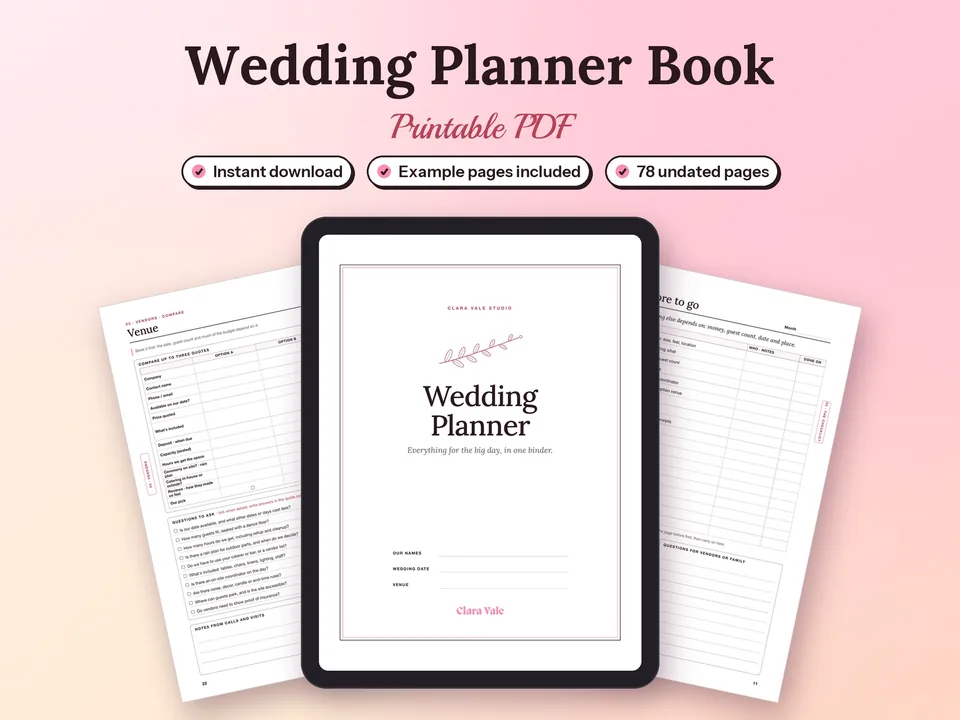 Printable Wedding Planner Book & Binder: printed pages and a tablet