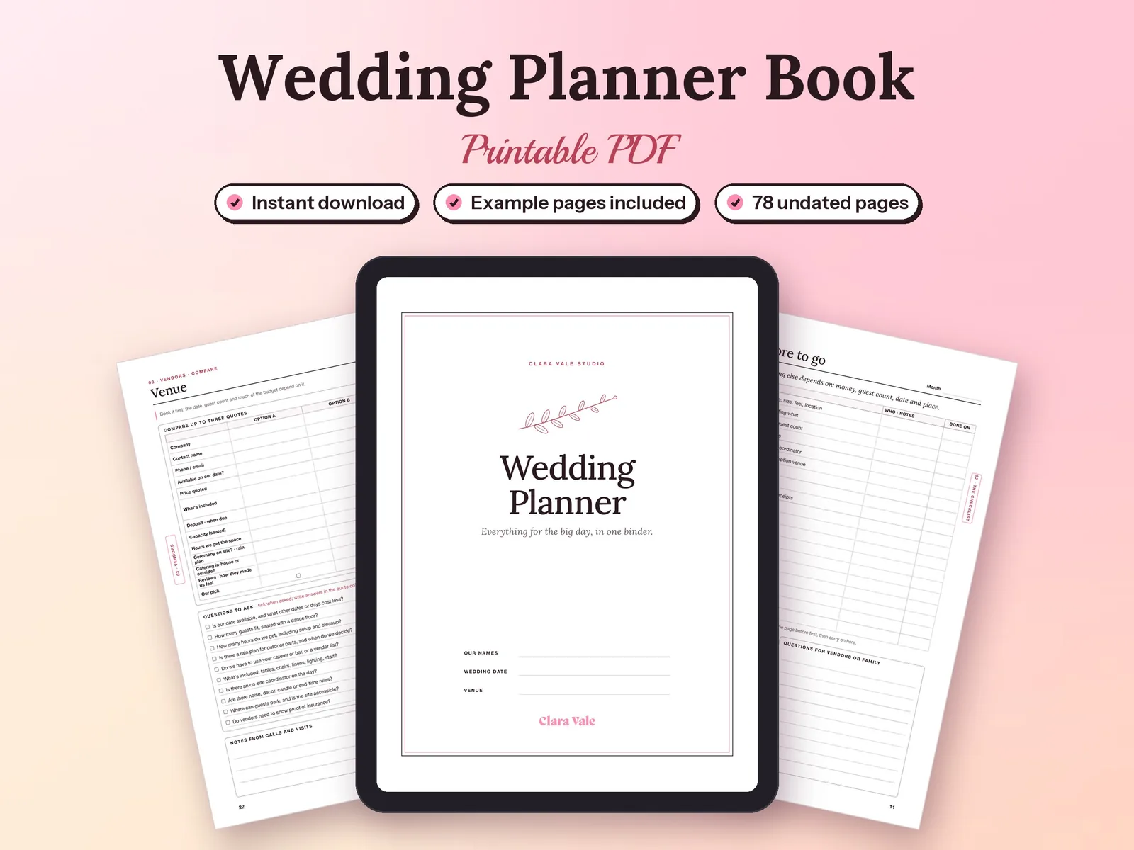 Printable Wedding Planner Book & Binder: printed pages and a tablet