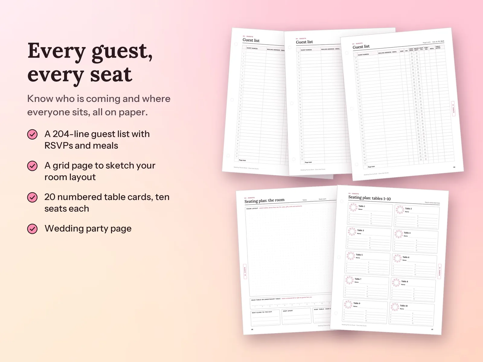Printable Wedding Planner Book & Binder: Every guest, every seat