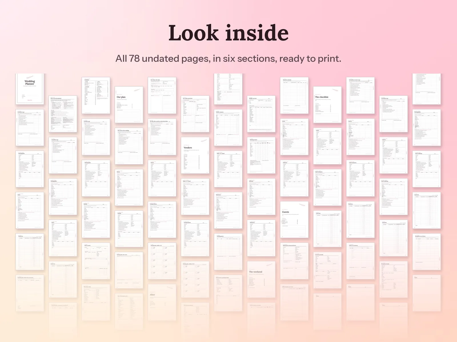 Printable Wedding Planner Book & Binder: All 78 undated pages, in six sections, ready to print