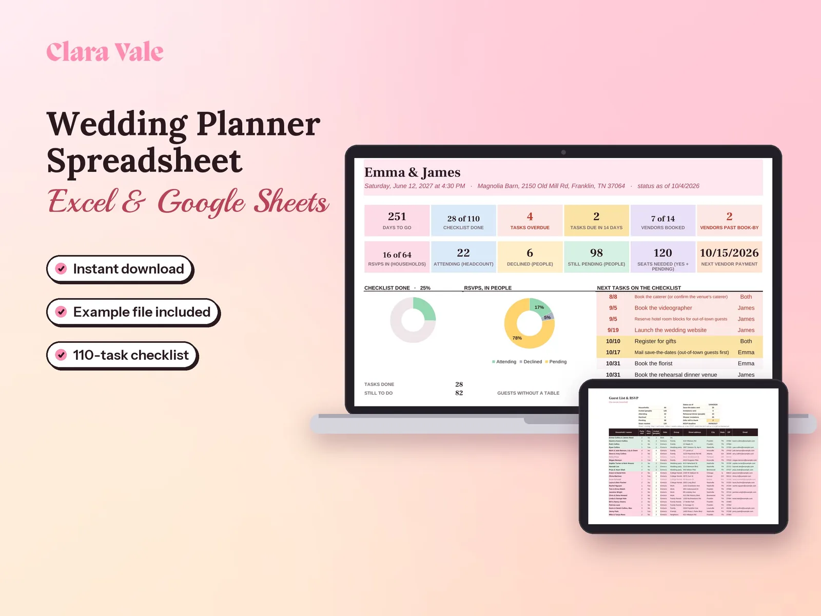 Wedding Planner Spreadsheet & Guest List Tracker: shown on a laptop and a tablet