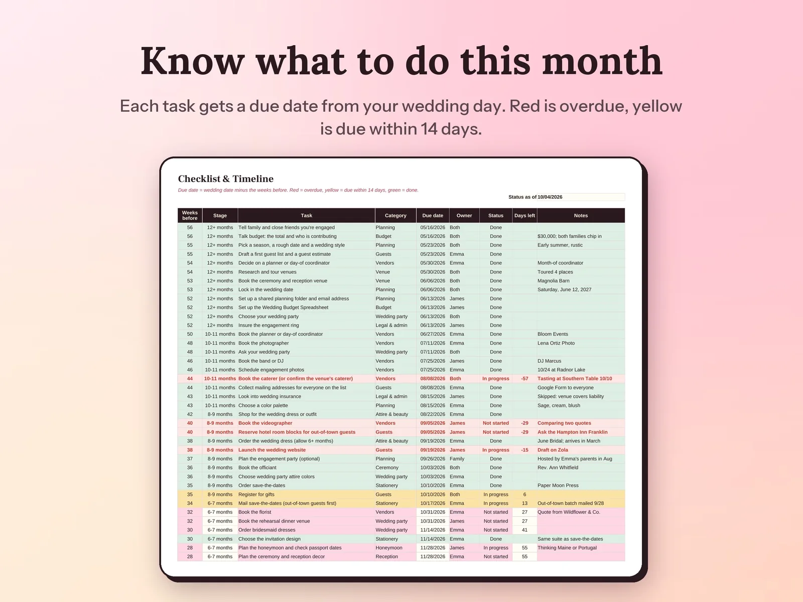 Wedding Planner Spreadsheet & Guest List Tracker: Know what to do this month