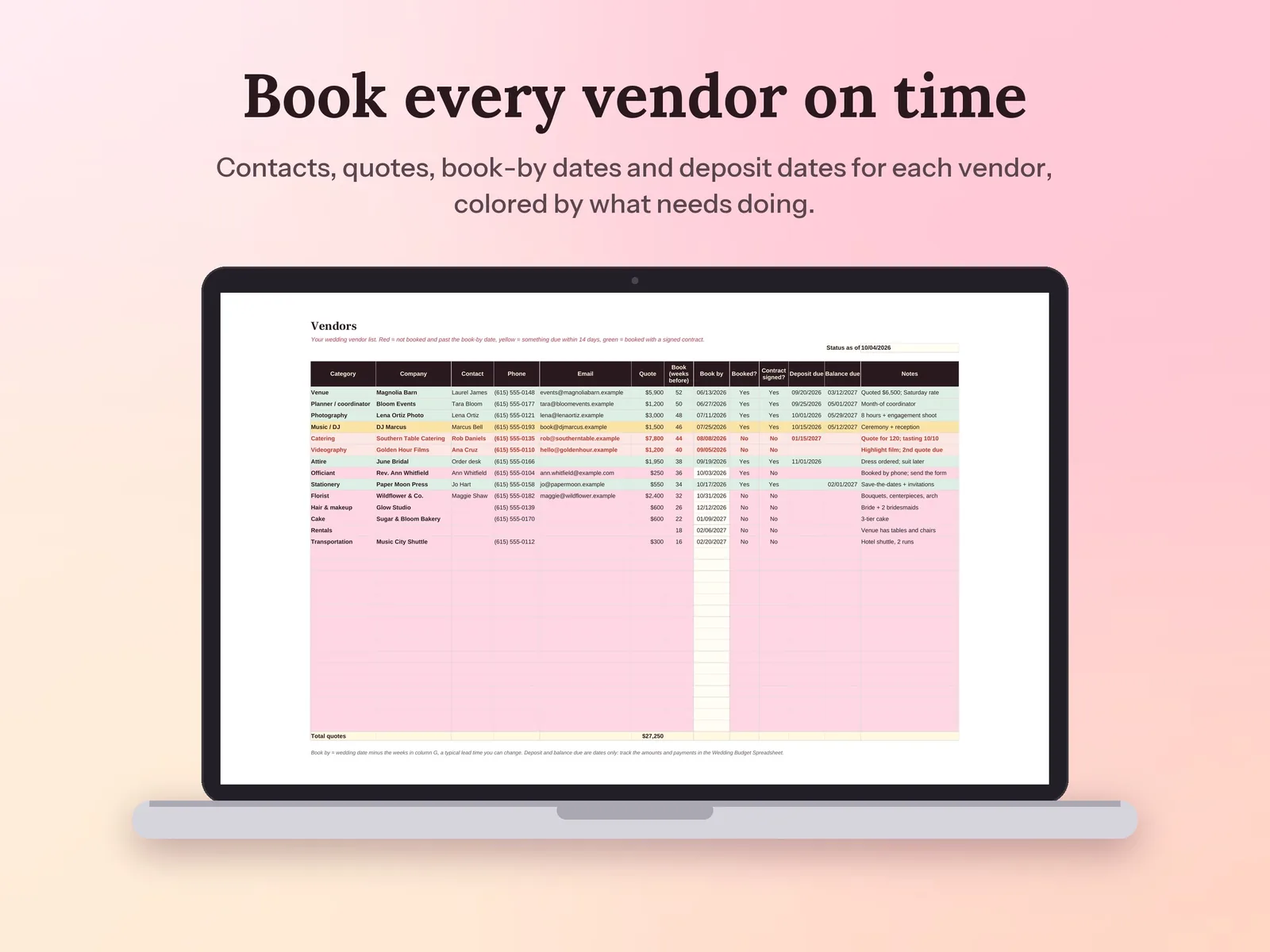 Wedding Planner Spreadsheet & Guest List Tracker: Book every vendor on time
