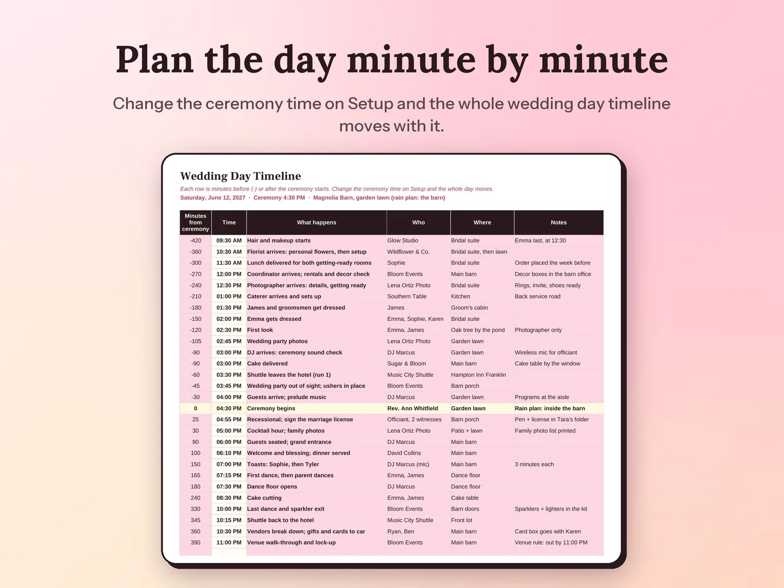 Wedding Planner Spreadsheet & Guest List Tracker: Plan the day minute by minute
