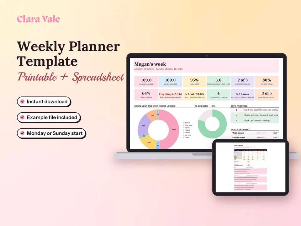 Weekly Planner Template & Time Tracker: shown on a laptop and a tablet