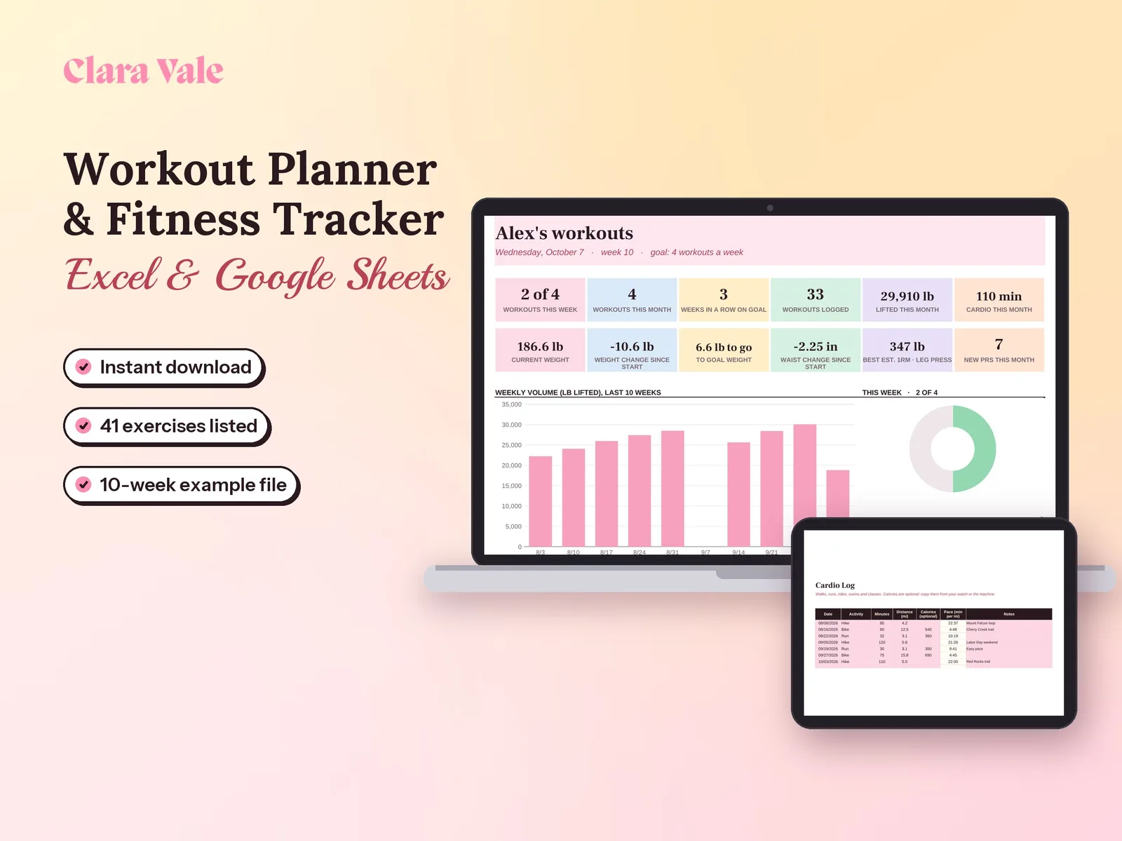 Workout Planner & Fitness Tracker Spreadsheet: shown on a laptop and a tablet
