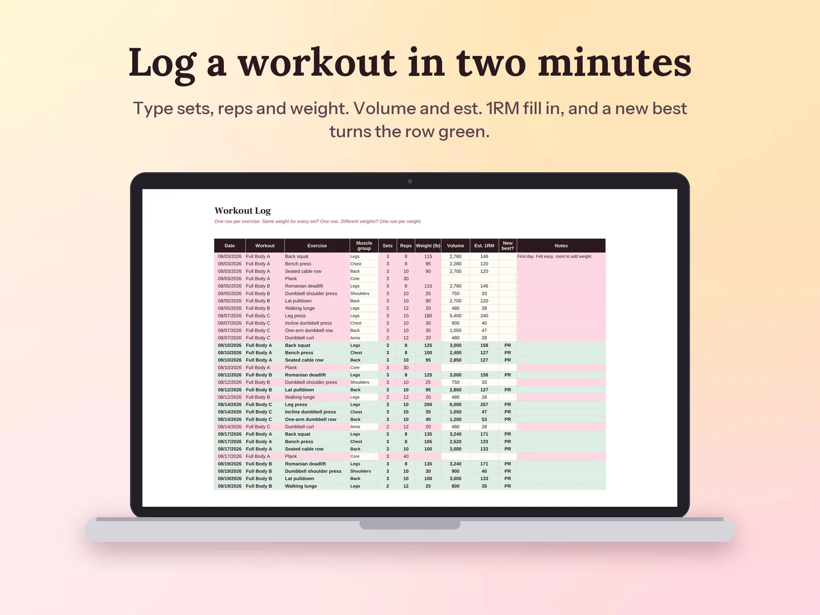 Workout Planner & Fitness Tracker Spreadsheet: Log a workout in two minutes
