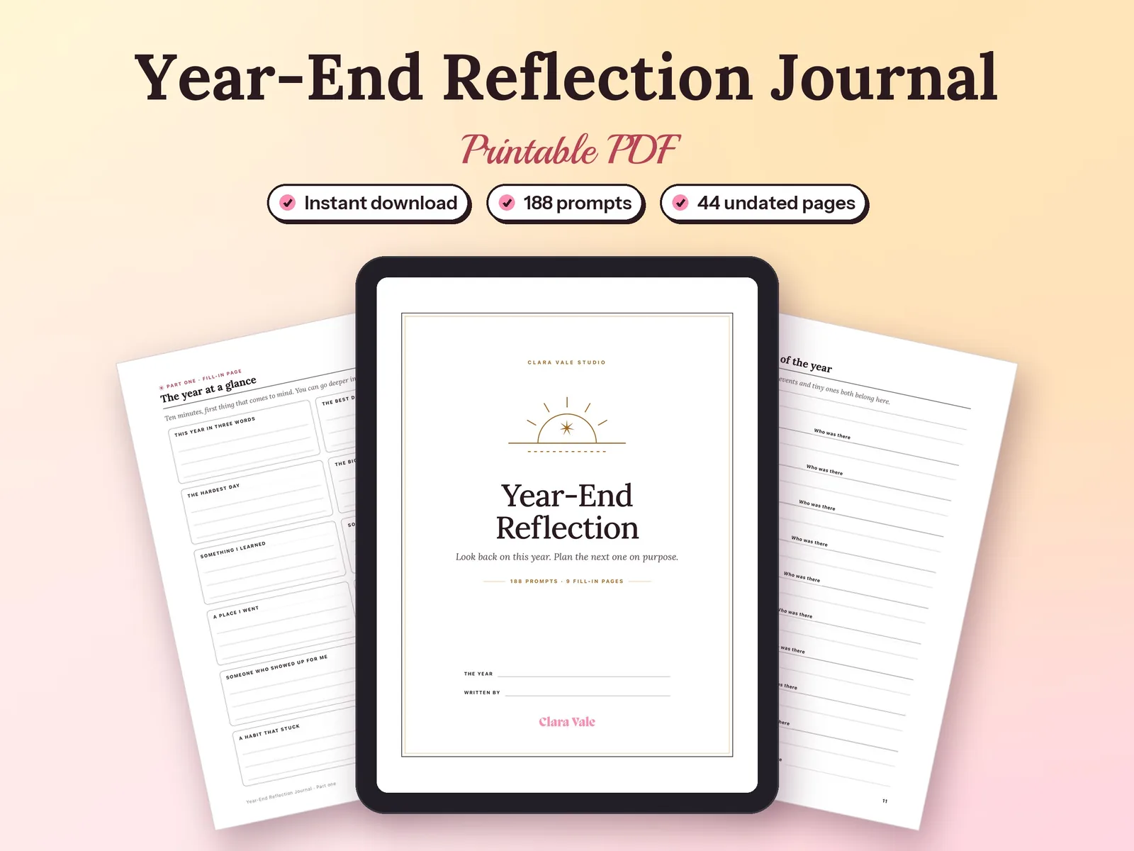 Year-End Reflection Questions & New Year Prompts: printed pages and a tablet