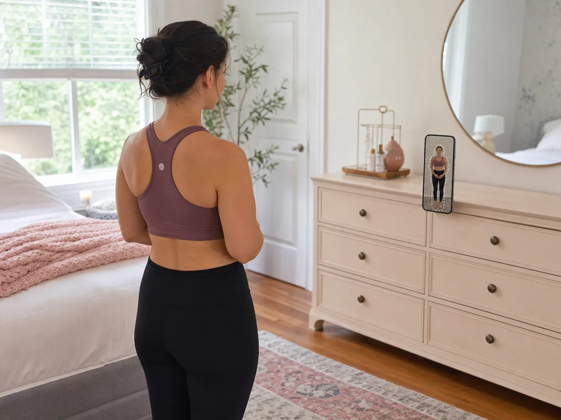 A woman stands in her bedroom facing her phone on a dresser, its camera showing a white body outline guide