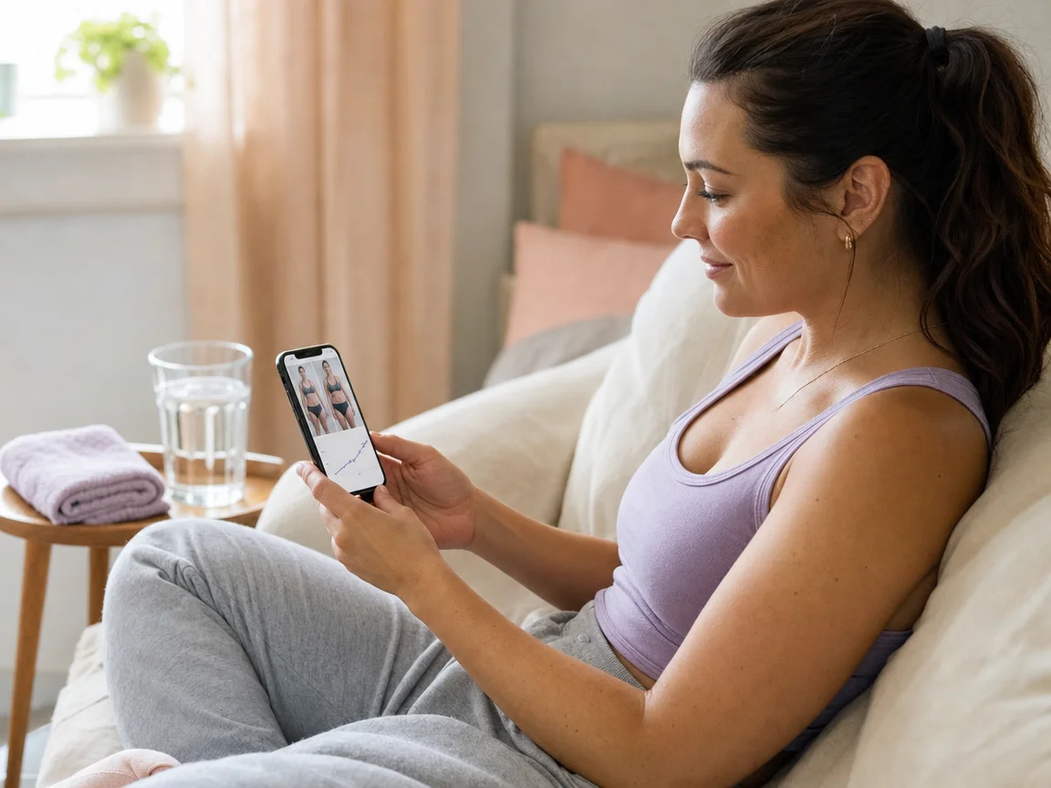 A woman on a sofa smiles at before and after progress photos side by side on her phone
