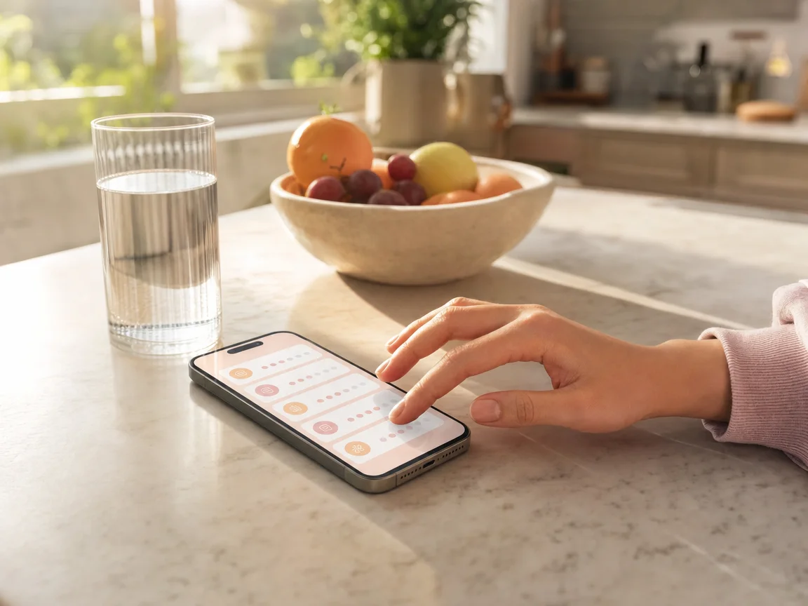 A hand checks in on a phone showing daily trackers, next to a glass of water and a bowl of fruit