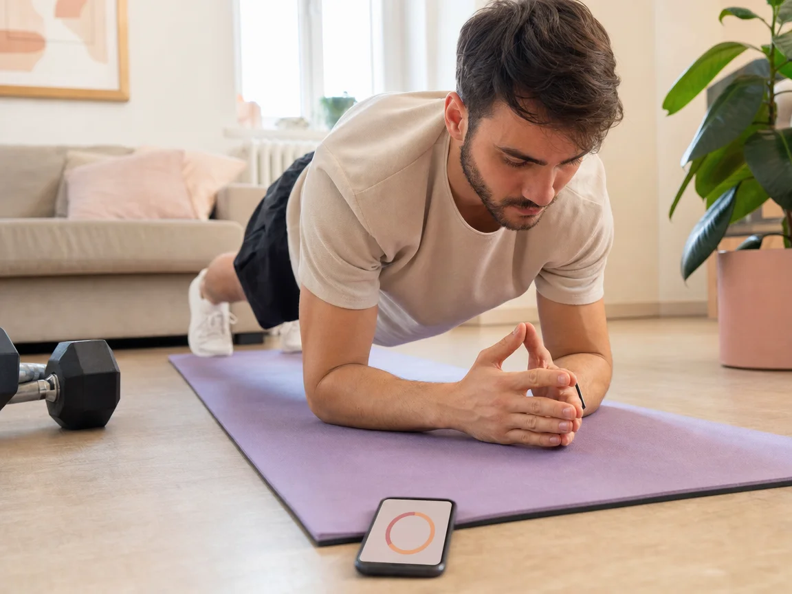 A man holds a plank on a yoga mat while a circular workout timer runs on his phone