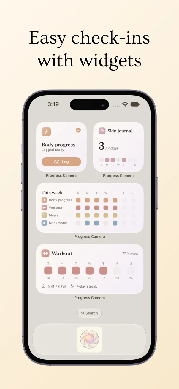 Easy check-ins with widgets: body progress, skin journal and weekly habit widgets on the Home Screen