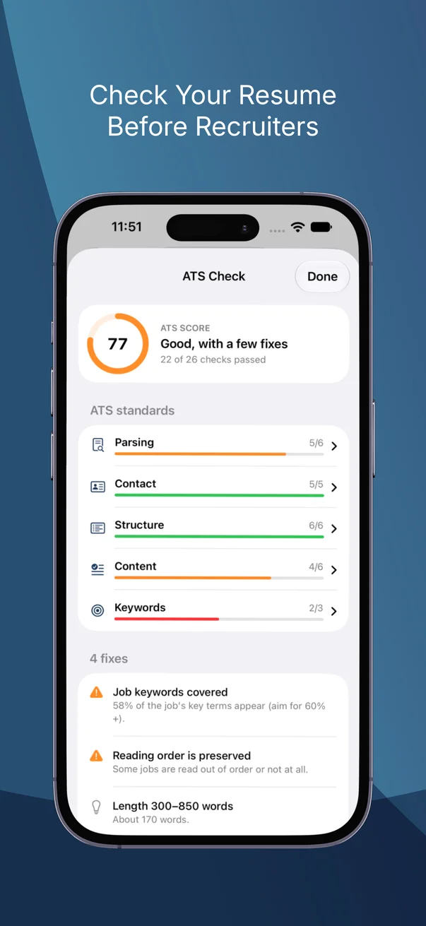 Check your resume before recruiters: an ATS score of 77 with parsing, contact, structure, content and keyword checks