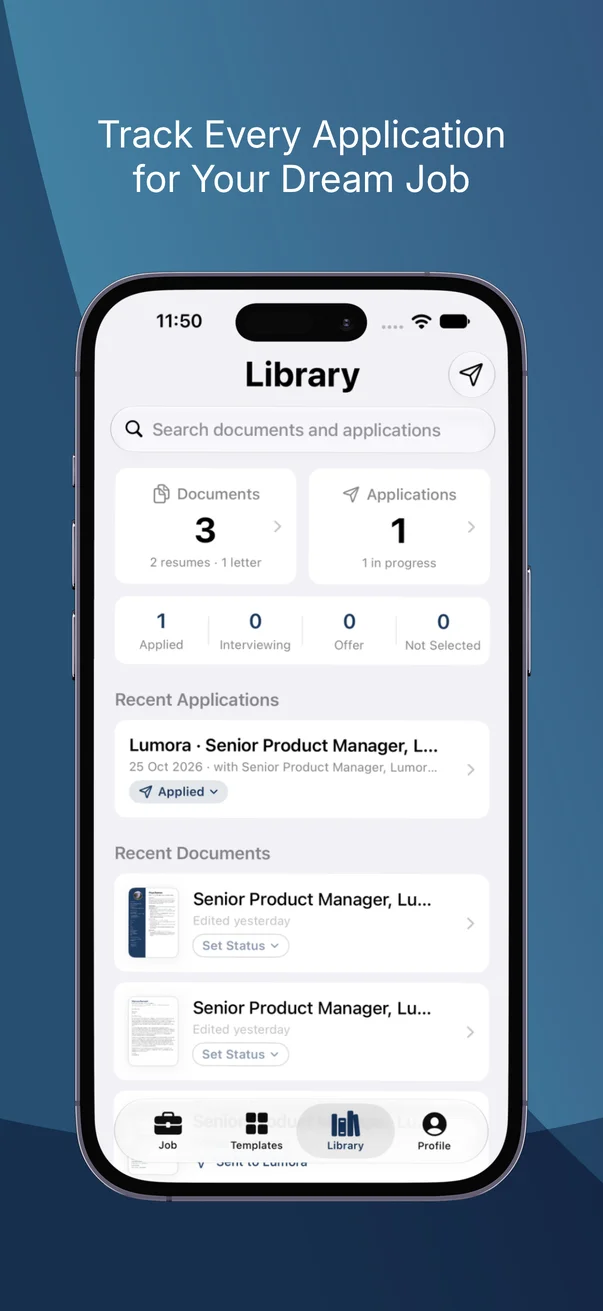 Track every application: a library of documents and applications marked Applied, Interviewing, Offer or Not Selected