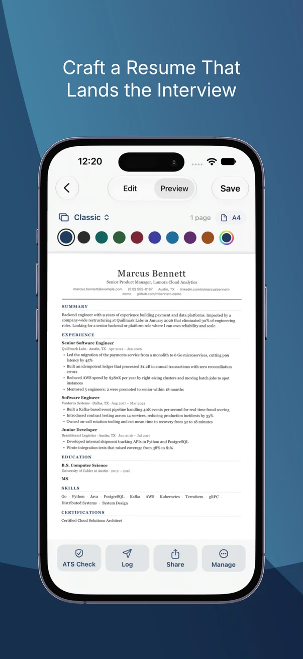 Craft a resume that lands the interview: a Classic resume preview with accent colors, A4 page size and ATS Check