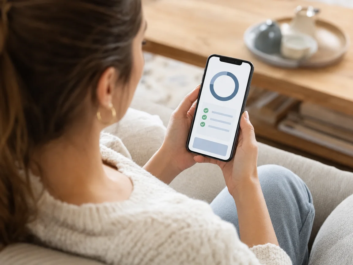 A woman on a sofa looks at a resume check score and checklist on her phone
