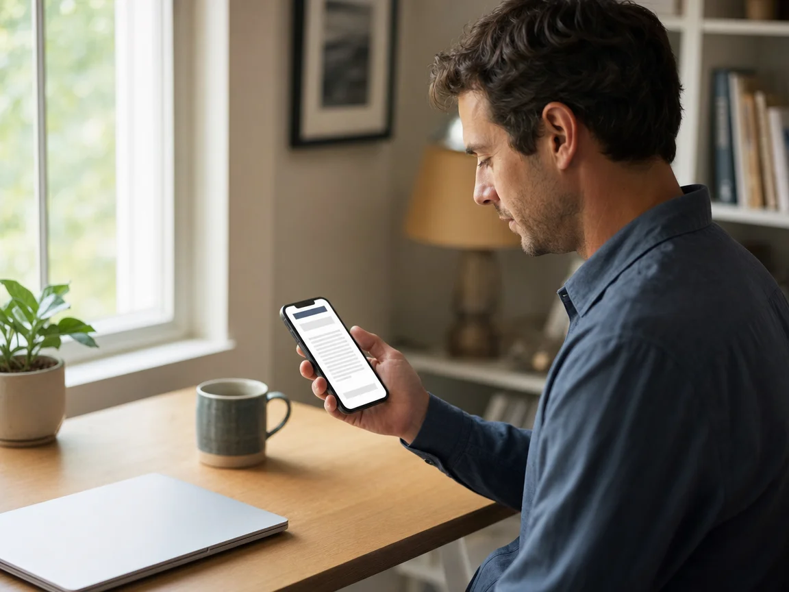A man at a desk by a window reads a cover letter on his phone