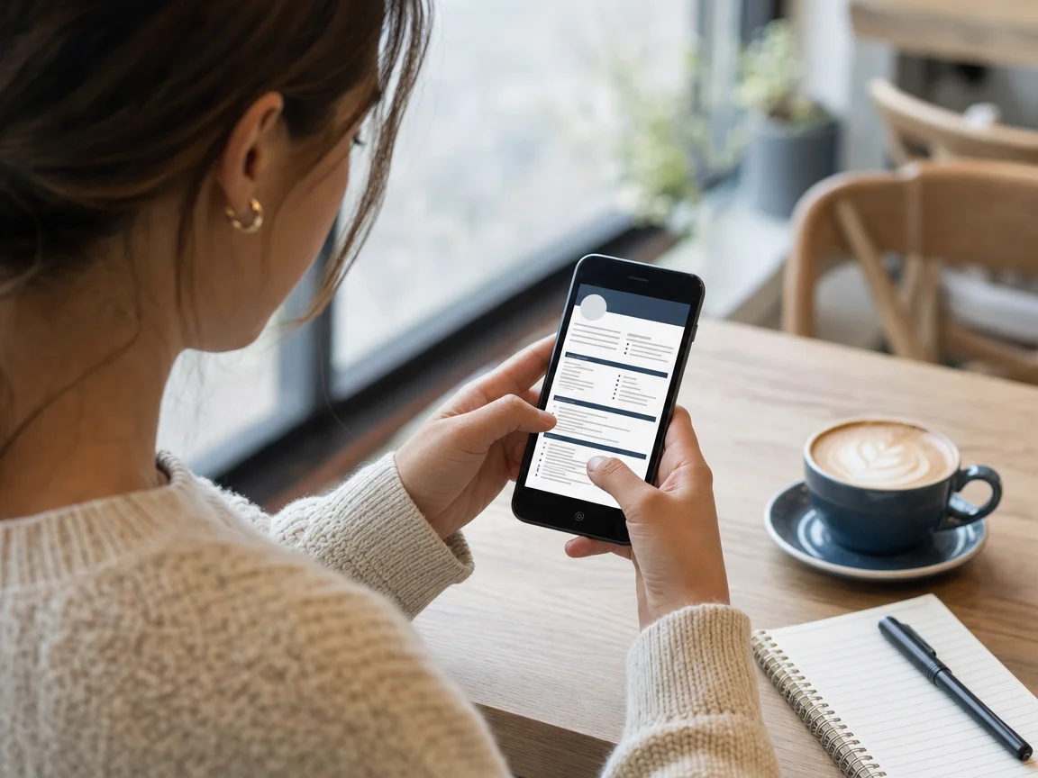 A woman at a café table edits a clean one-page resume template on her phone