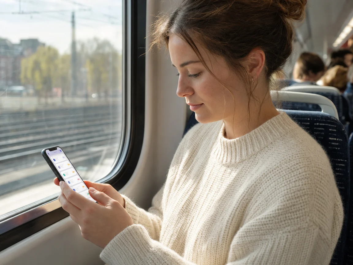 A woman on a commuter train checks a list of job applications on her phone