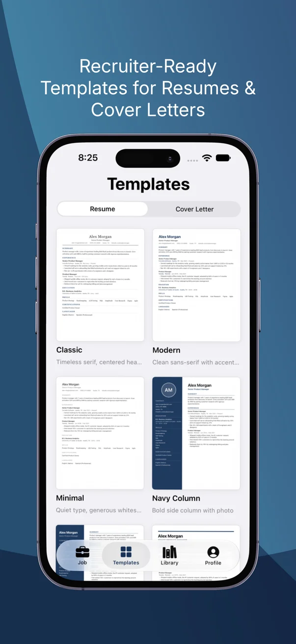 Recruiter-ready templates for resumes and cover letters, including Classic, Modern, Minimal and Navy Column
