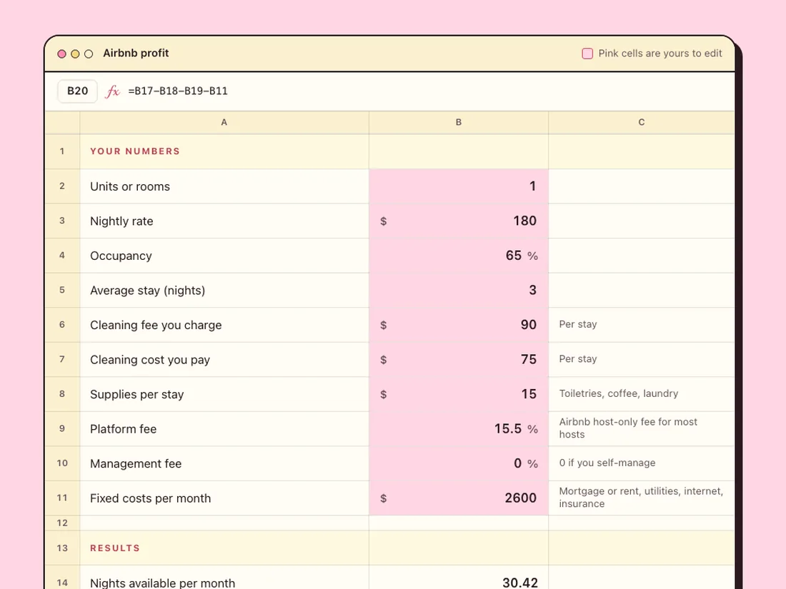 The free Airbnb Calculator: type your numbers in the pink cells