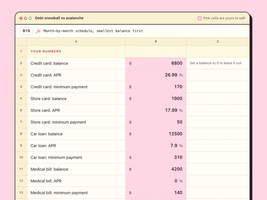 The free Debt Snowball Calculator: type your numbers in the pink cells