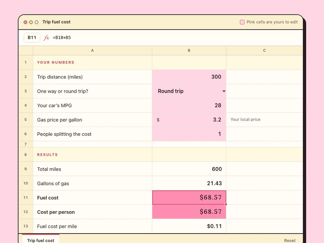 The free Fuel Cost Calculator: type your numbers in the pink cells