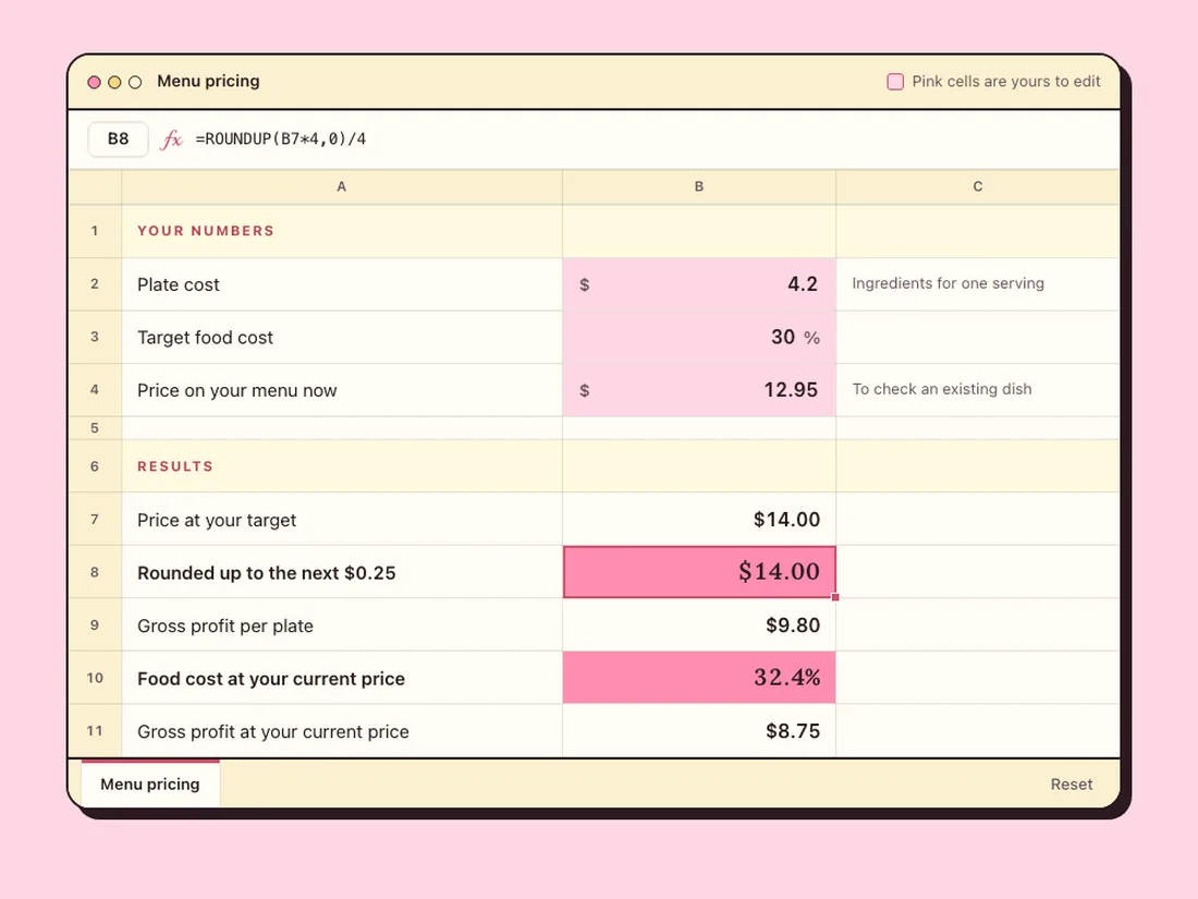 The free Menu Pricing Calculator: type your numbers in the pink cells
