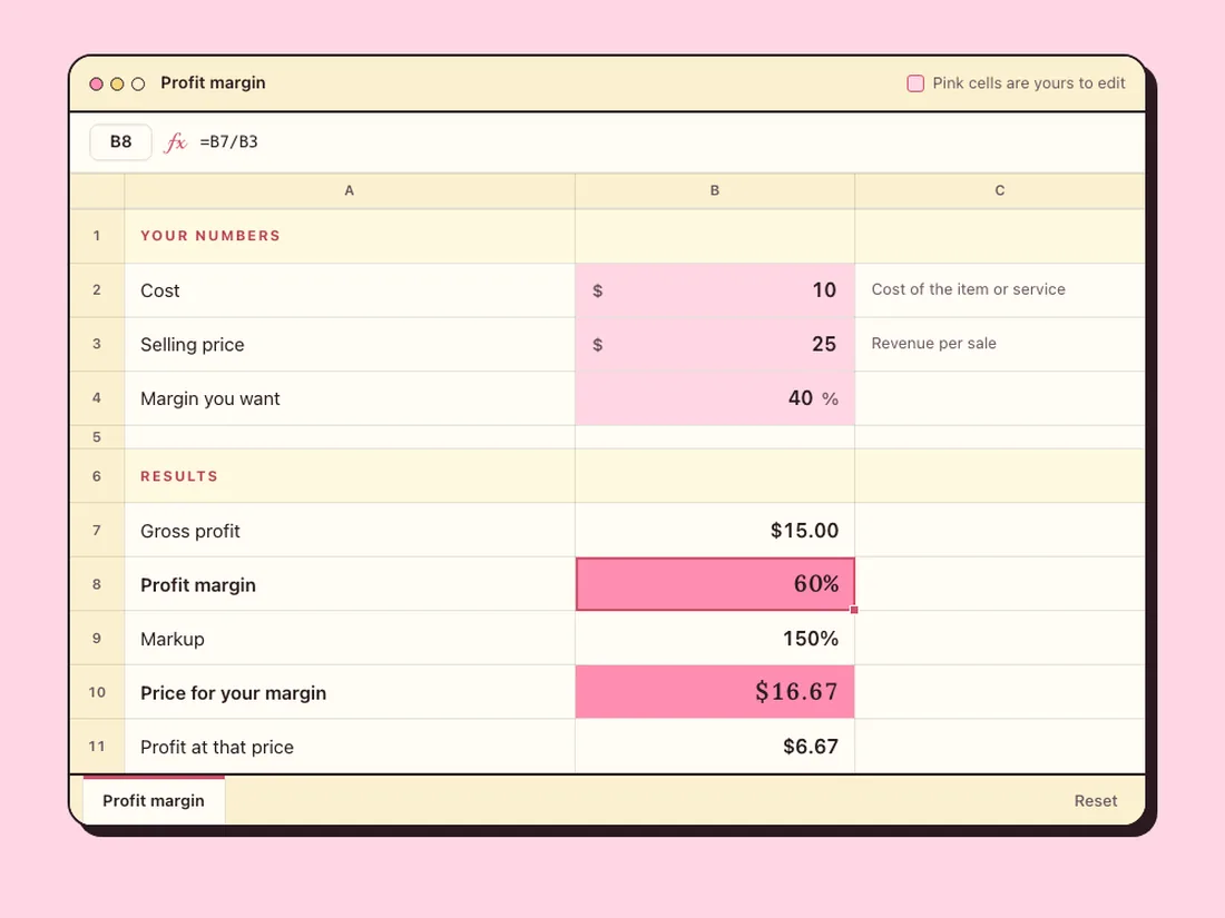 The free Profit Margin Calculator: type your numbers in the pink cells
