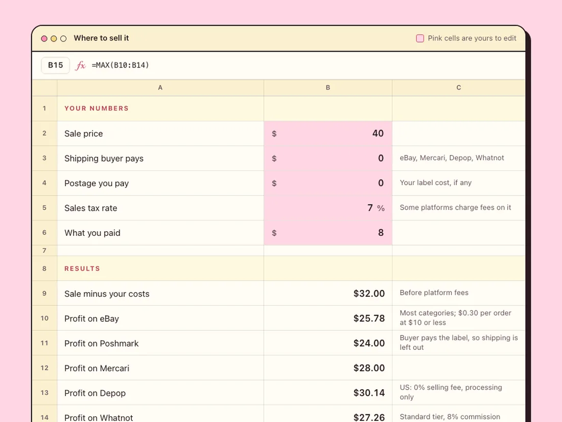 The free Reseller Fee Comparison: type your numbers in the pink cells
