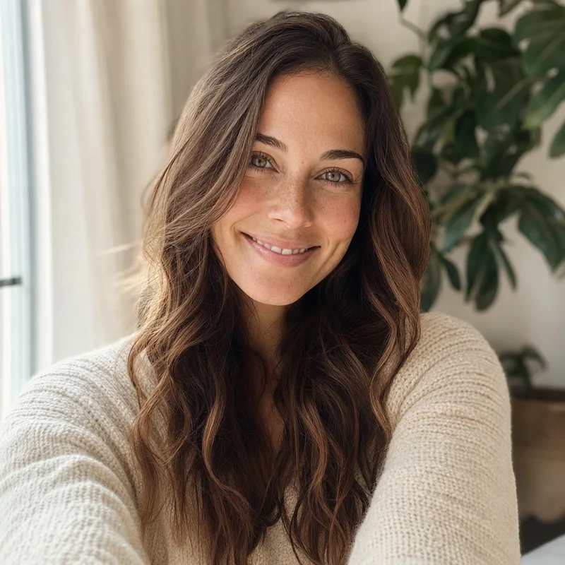 A good selfie for color analysis: soft daylight from a window, bare face, natural hair