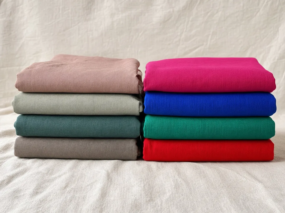 Two stacks of fabric: dusty rose, sage and taupe next to vivid fuchsia, cobalt, emerald and red