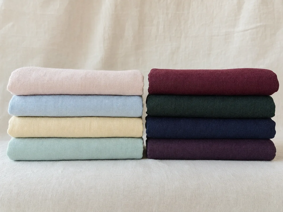 Two stacks of fabric: pale pastels next to deep burgundy, forest green, navy and plum
