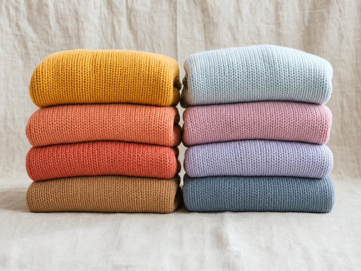 Two stacks of sweaters: warm golden, peach and camel next to cool blue, pink and lavender