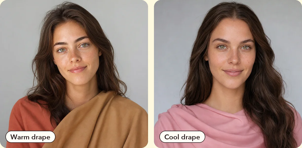 The same woman wearing a warm terracotta and camel drape next to a cool pink drape