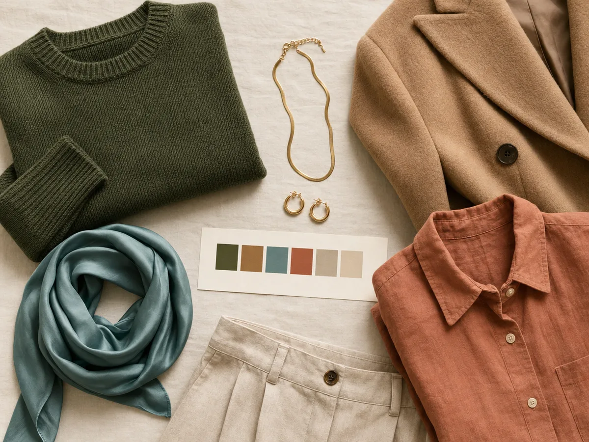 Flat lay of a moss green sweater, camel coat, soft teal scarf, terracotta shirt, oat trousers and gold jewelry with a palette card