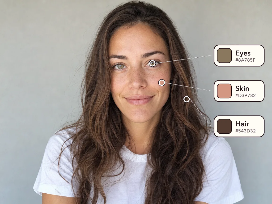 Portrait with markers on the iris, cheek and hair, each linked to its sampled color swatch
