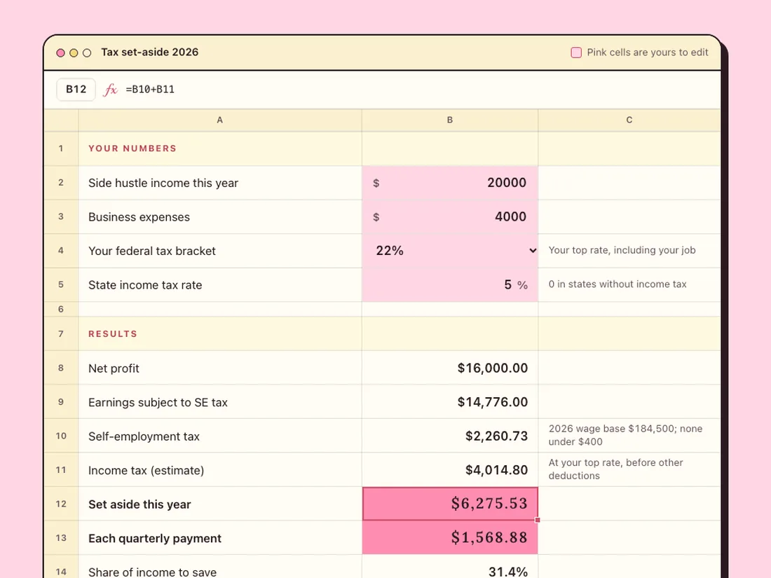 The free 1099 & Self-Employment Tax Calculator: type your numbers in the pink cells
