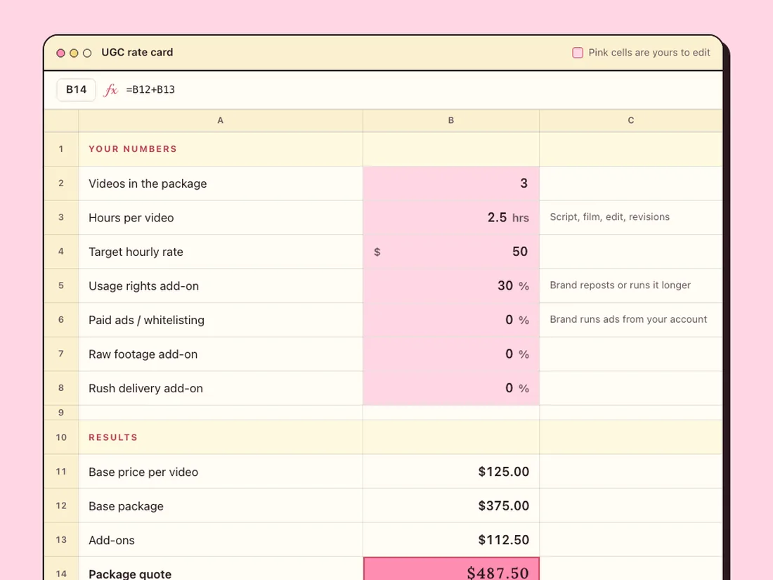 The free UGC Rate Calculator: type your numbers in the pink cells